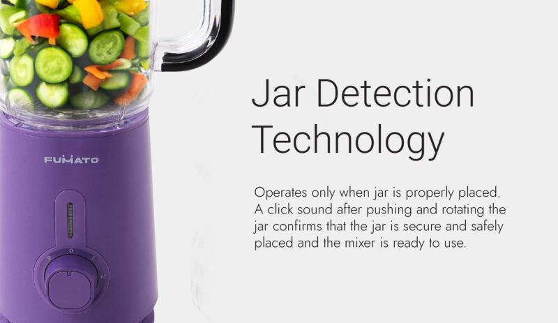FUMATO 800W Nutri Blender- 3 Jars, 2 Stainless Steel Blades, 100% Pure Copper Motor, 2200 RPM, 2 Speed Modes, Pulse Function & 1 Year Warranty | Smoothie, Juices, Shakes, Purees & Grind Spices- Purple - Image 3