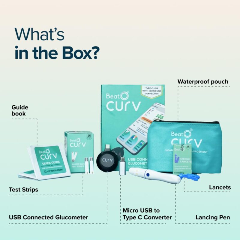 BeatO CURV Sugar Test Machine | FREE 25 Strips & 25 Lancets (Type-C USB Connector) | Simple & accurate testing of Blood sugar levels at home |Smartphone Connected Glucometer Machine | Android only | ISO Certified: Made in India - Image 2