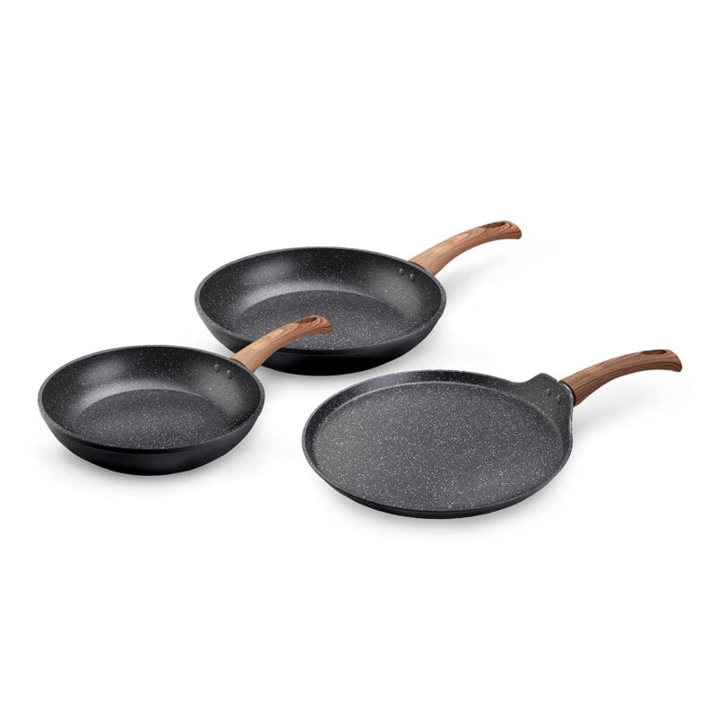 Westinghouse Grey Marble Series Forged Aluminum Cookware Set (3 Pieces) - 1 Frying Pan 26 cm + 1 Frying Pan 20 cm + 1 Crepe 28 cm | with Wooden Handle WCCS003203AMBB - Image 2