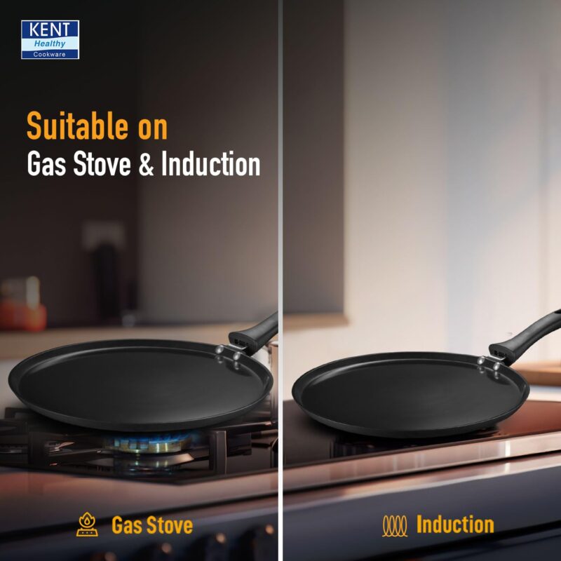 KENT Hard Anodised Dosa Tawa 30 Cm | Non Reactive, Non Toxic, & Non Staining Food Grade Surface. | 4.88Mm Thick Base For Uniform Heating | Induction Friendly, Black - Image 4