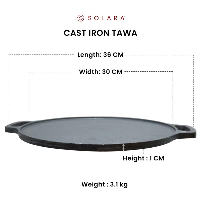 SOLARA Cast Iron Tawa for Dosa 12" Inch(30 CM), Tawa for Dosa, Uthappam, Roti, Chapati, Naan, Gas & Induction Friendly, Dosa Tawa Cast Iron, Cast Iron Cookware - Image 4