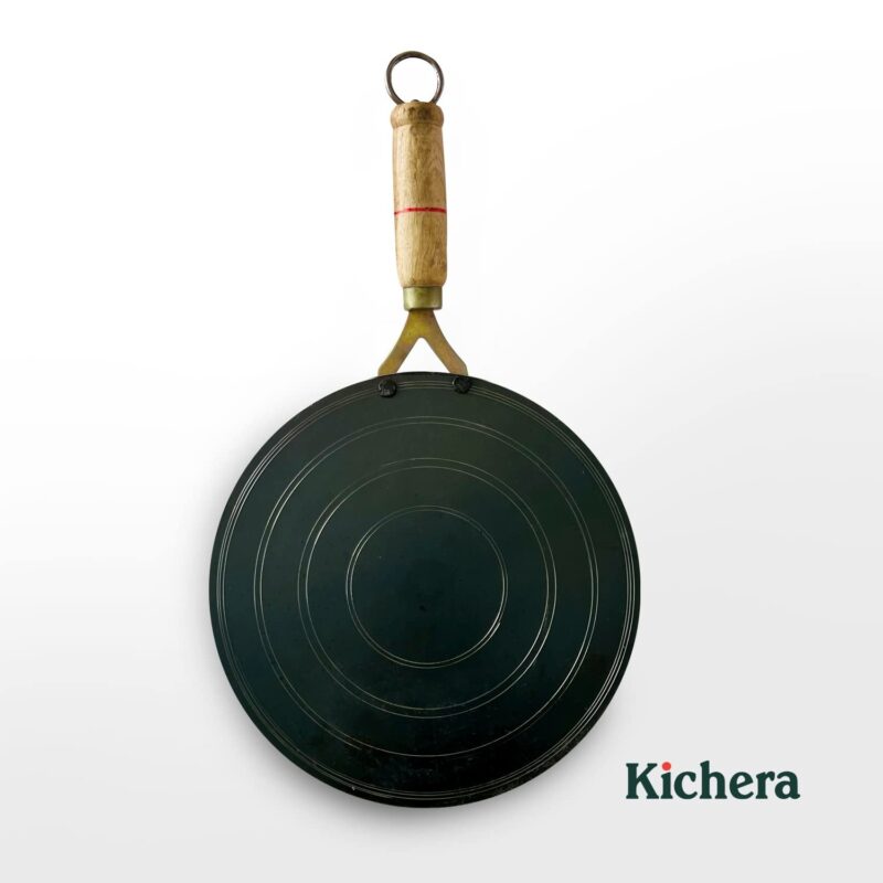 Kichera Traditional Iron Dosa Kal/Pure Iron Dosa Tawa with Wooden Handle 28cm/11 inch, 1kg | Gas Stove and Induction Friendly | Pre-Seasoned Black Flat Iron Tawa - Image 2