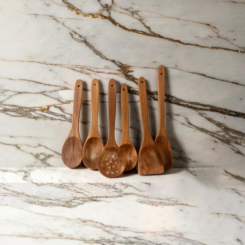 Uttam Essentials Wooden Cooking Utensil Set Non-Stick Pan Kitchen Tool Wooden Cooking Spoons and Spatulas Wooden Spoons for Cooking Salad Fork Cooking Spoon (Set of 6) - Image 3