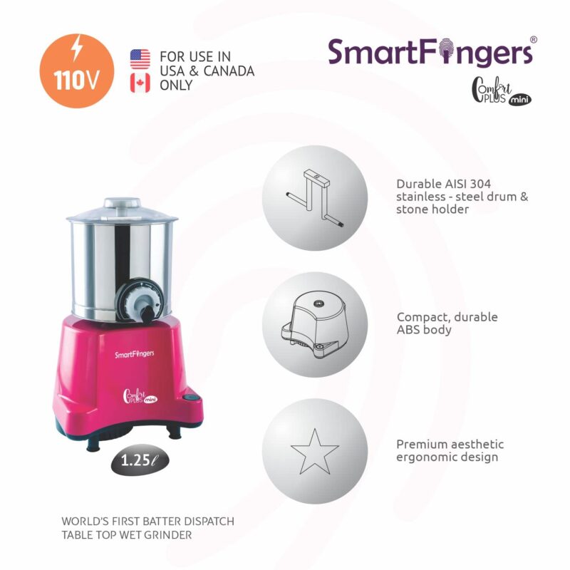 SmartFingers Stainless Steel Comfort Plus Table Top Magic Wet Grinder 110V 60Hz (1.25 L) For Usa Canada And Japan Only, Pink - Image 4