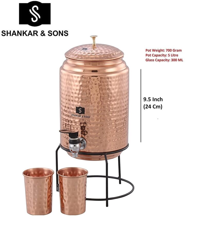 SHANKAR & SONS 5 Litre Copper Water Dispenser with Stand and 2 Glasses | BPA Free, Non-Toxic | Hammered Texture, Rustproof & Durable | with Added Health Benefits of Copper - Image 8
