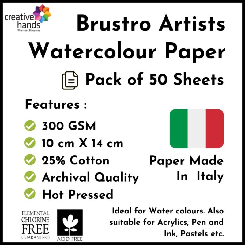 Brustro Artists' Watercolour paper 25% Hot Pressed 300 GSM 50 SHEETS. Size 10 X 14 cm