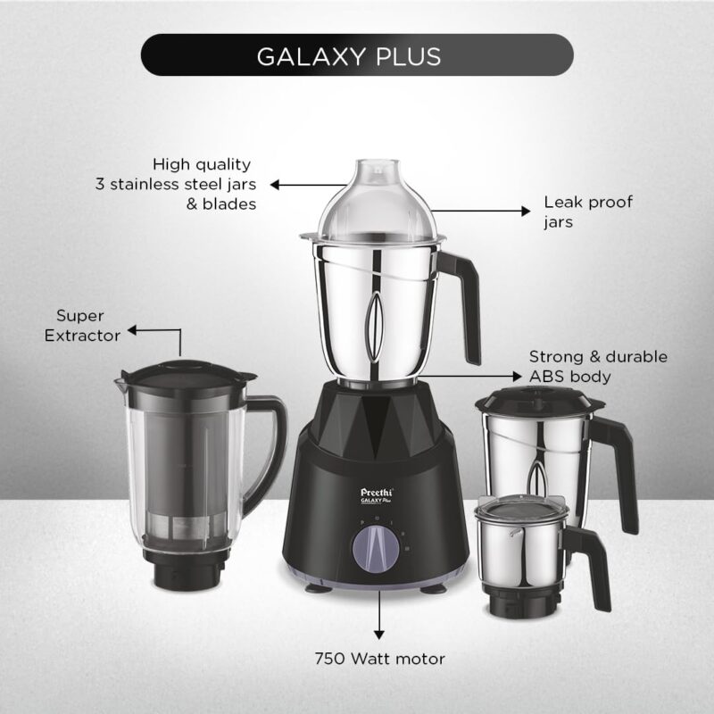 Preethi Galaxy Plus Mixer Grinder for Kitchen - 4 Jars 750 Watt Mixie (3 Stainless steel Jars+1 Super Extractor Juicer Jar), Flexi lids, Vega W5 motor, Black (MG-250) - Image 4