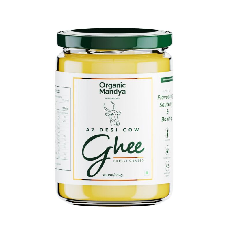 Organic Mandya Premium A2 Desi Ghee 700 ml | Pure, Natural & Health | Forest Grazed, Stress Free Cattle | Ethically Sourced | Glass Jar 700 ml