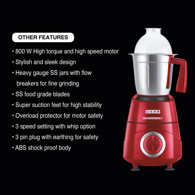 USHA Thunderbolt 800-Watt Copper Motor Mixer Grinder with 3 Jars and 5 Years Motor Warranty(Red) - Image 6