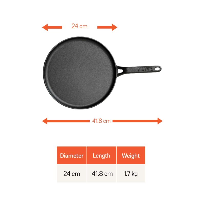 Meyer Pre-Seasoned Cast Iron Flat Dosa/Roti/Chapati Tawa Pan with Stick Handle, Dosa Kallu, Iron Tawa Small Size, Gas and Induction Compatible | 24cm, Black - Image 2