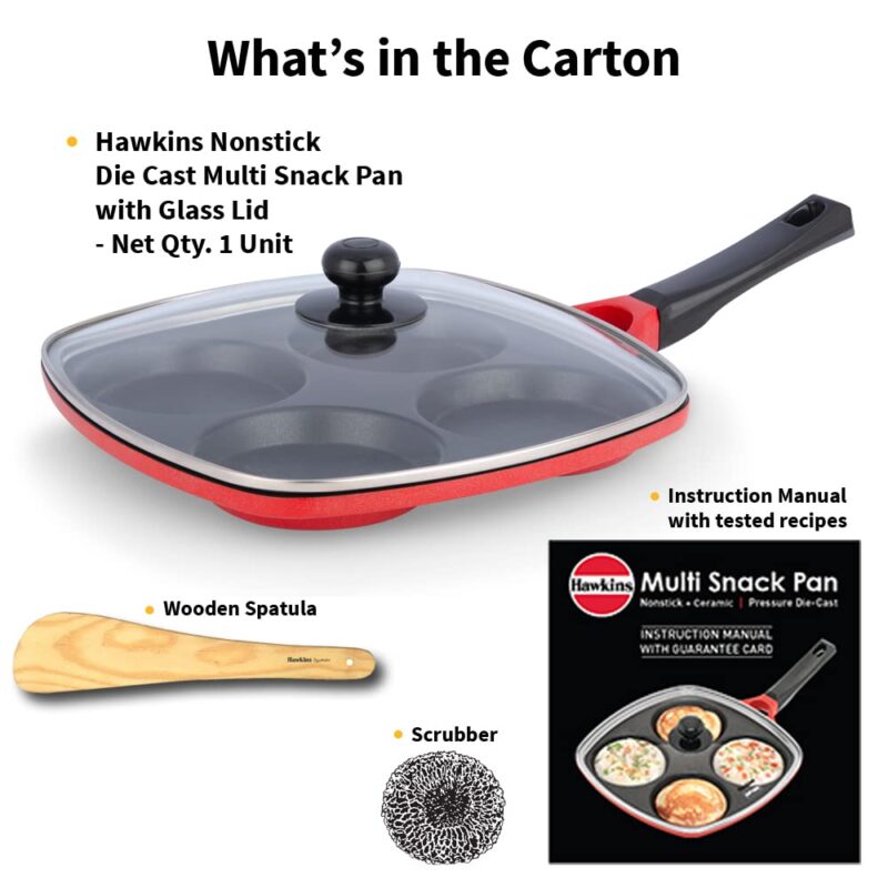 Hawkins 30 cm Die-Cast Multi Snack Pan with Glass Lid, Nonstick Mini Uttapam Tawa, Pancake Pan, Red (DCMS30G) - Image 2