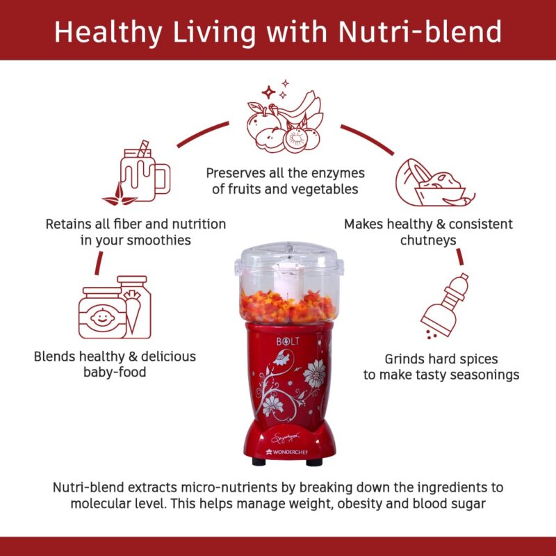 Wonderchef Nutri-blend BOLT CKM|600W Powerful 100% Full Copper Motor|22000 RPM, Blender & Chopper|SS Blades|4 unbreakable jars with Sipper lid|2 Years warranty|Recipe book by Chef Sanjeev Kapoor|Red - Image 6