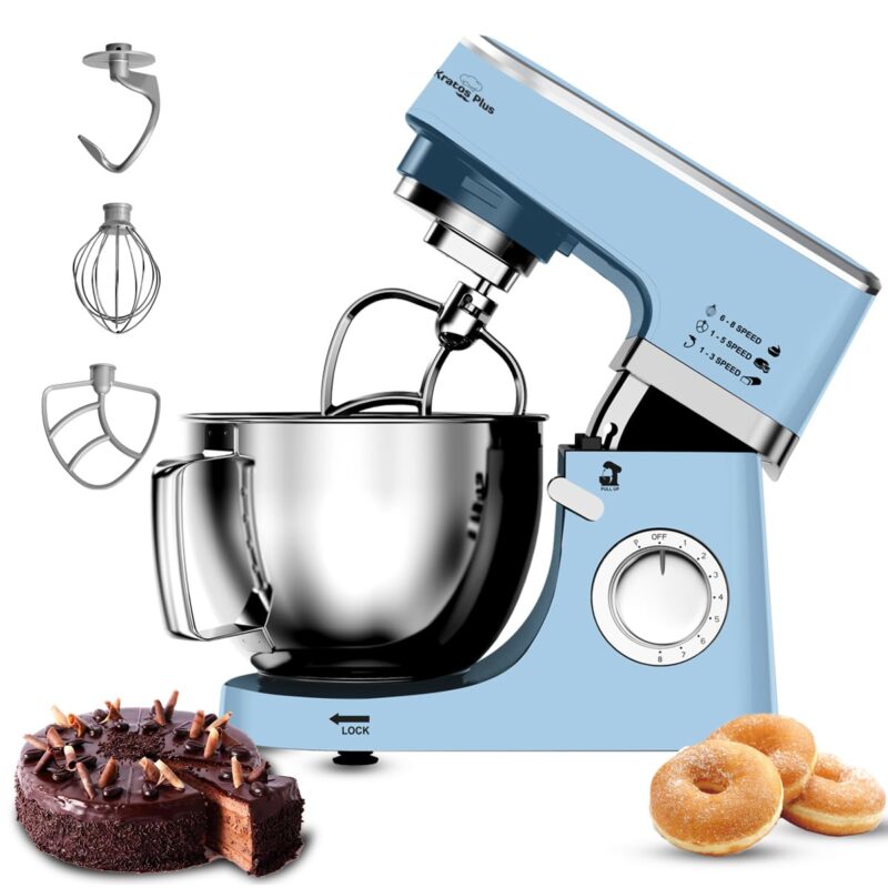 INALSA Stand Mixer 1200W|Pure Copper Motor|5.3L SS Bowl With Splash Guard|Metal Gears for Extra Durability|Accessories Included|Dishwasher Safe|Baking,Cake Mixer,Kneading-Kratos Plus (Blue)