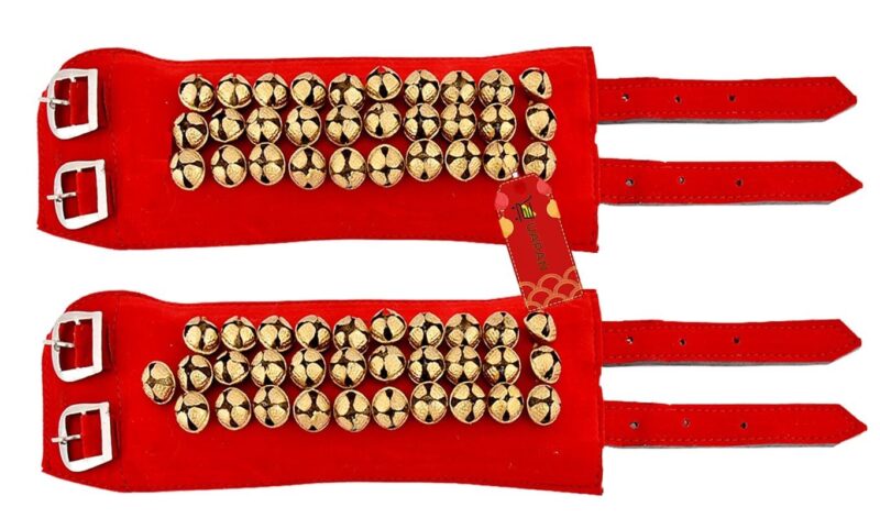 UAPAN 3 line Ankle Bells Velvet Pad for Classical Bharatanatyam Kathak Dance with Adjustable Strap (Red Velvet Belt)