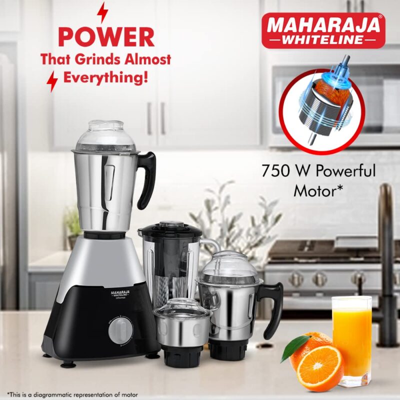 Maharaja Whiteline Infinimax Elite Mixer Grinder, Long Lasting Performance with 750 Watt Motor | Jar Flow Breakers | 5 Years Warranty on Motor (Black & Grey) - Image 8