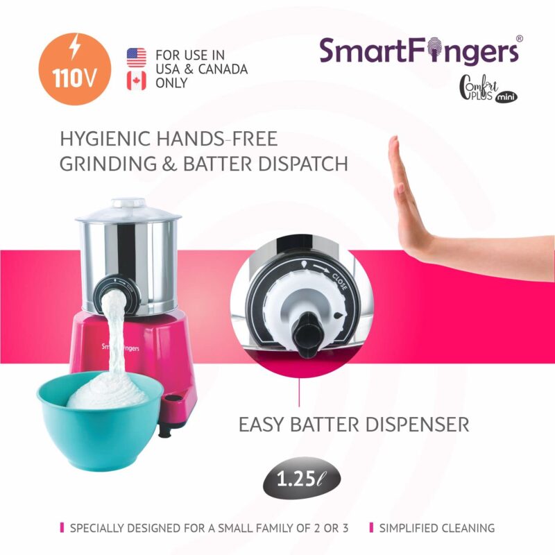 SmartFingers Stainless Steel Comfort Plus Table Top Magic Wet Grinder 110V 60Hz (1.25 L) For Usa Canada And Japan Only, Pink - Image 9