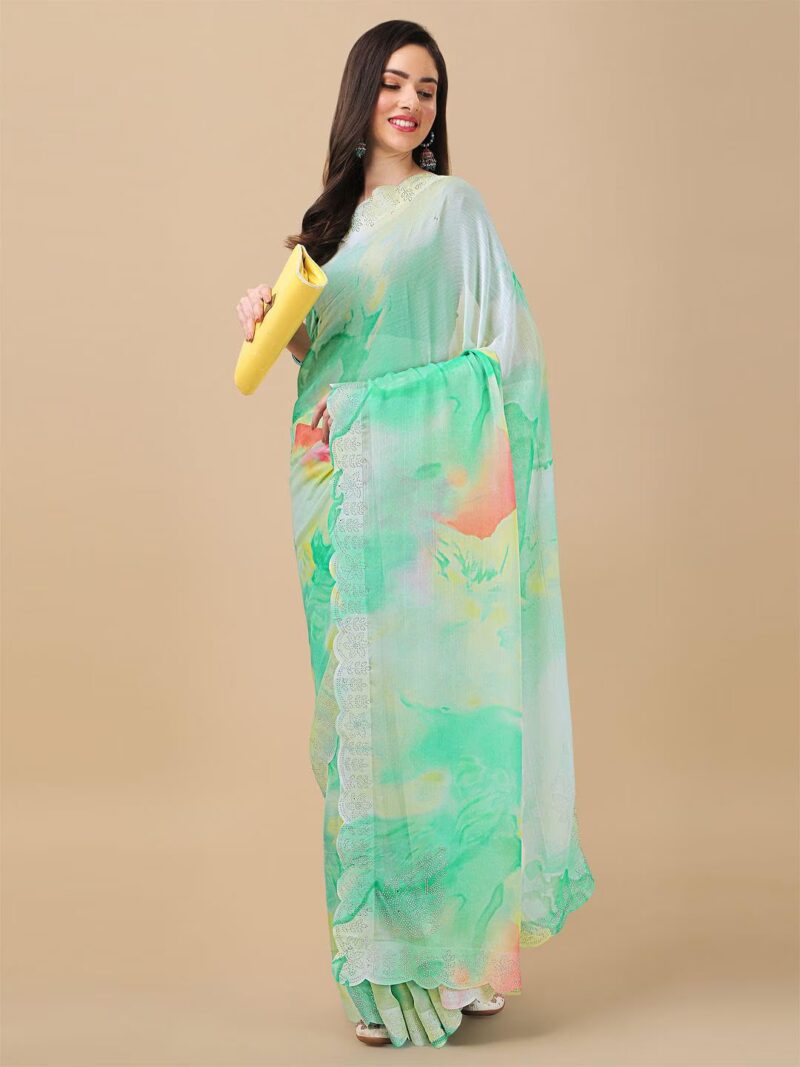 RAJESHWAR FASHION WITH RF Women's Colorblock Printed Chiffon Sarees For Women With Diamond Scalloping & Digital Print Blouse(Turquoise_Multicolored_Free Size 6.30) - Image 6