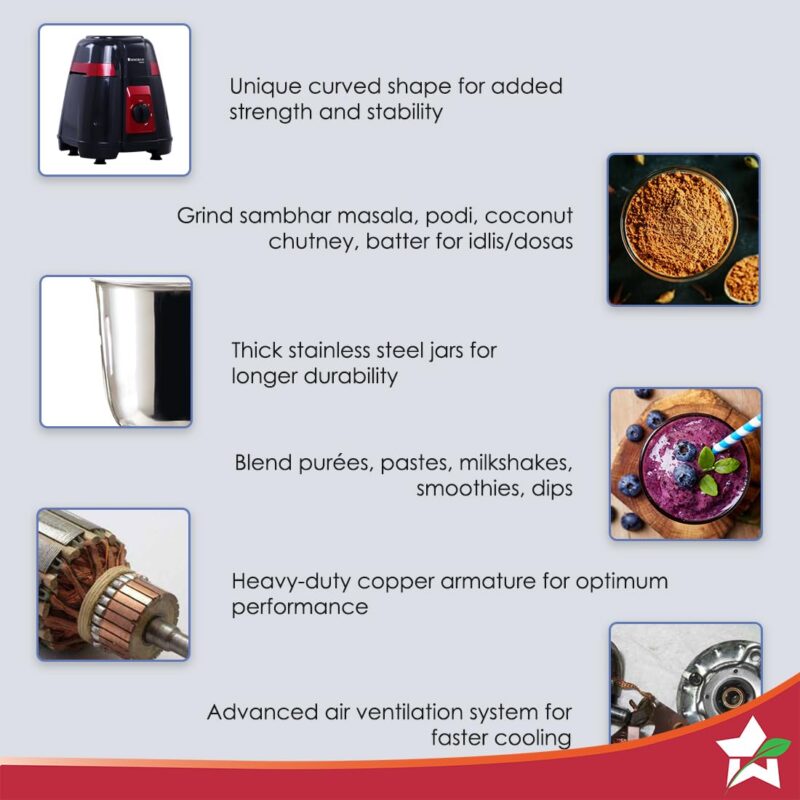 Wonderchef Platinum 750W Mixer Grinder | 4 Stainless Steel Jars with Fruit Filter Jar | Powerful 750W motor | 3-Speed & Pulse Function | Anti Skid Feets | 5 years warranty on motor | Black & Red - Image 4