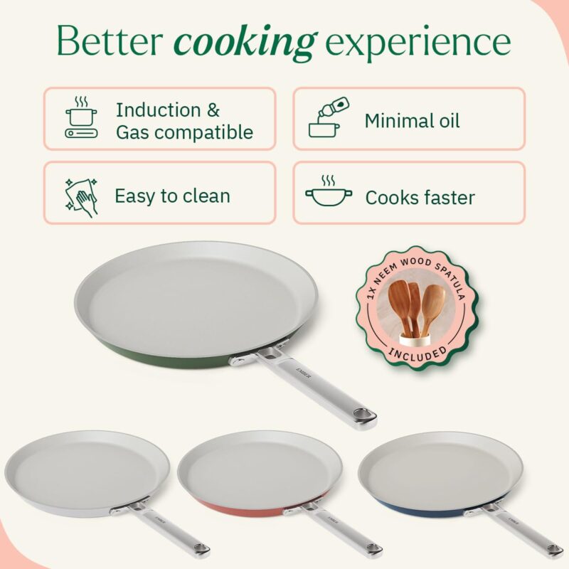 Ember Cookware Arcilla Ceramic Non Stick Dosa Tawa 28cm | Stainless Steel Handle | 1x Spatula | Induction Safe | Non Toxic Tawa | PFAS & PTFE Free | Capri Series | Green - Image 6
