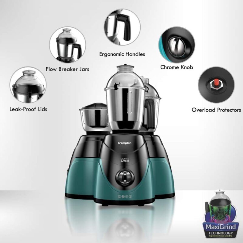 Crompton Ameo 750-Watt Mixer Grinder with MaxiGrind and Motor Vent-X Technology (3 Stainless Steel Jars, Black & Green) - Image 4
