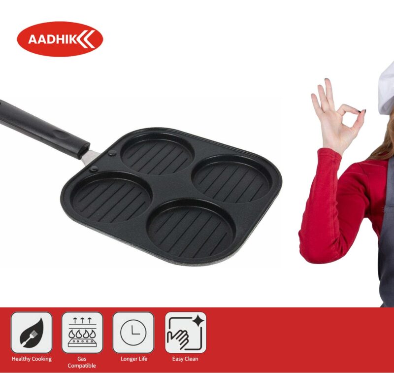AADHIK Non-Stick Grill Pan Mini Pan Uttapam Tawa Aluminum Multi Snack Maker 4 Cavity, Pancake Maker (Black) - Image 5