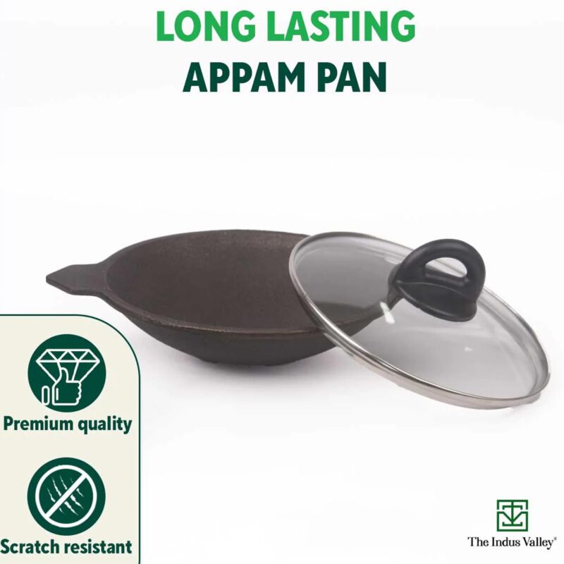 The Indus Valley Pre-Seasoned Cast Iron Appam Pan/Appachatty/Chetty Pan/Appam Patra with Glass Lid | 22 Cm/8.7 Inch, 1.5Kg | Gas Compatible | Nonstick Appam Pan, 100% Pure & Toxin-Free - Image 4