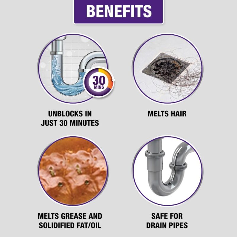 Harpic DrainXpert Drain Cleaning Powder (50g x 8) | Removes Blockages in Pipes, Sinks & Septic Tanks| Works within 30 minutes | Melts Grease & Dissolves Hair (Pack of 2) - Image 6