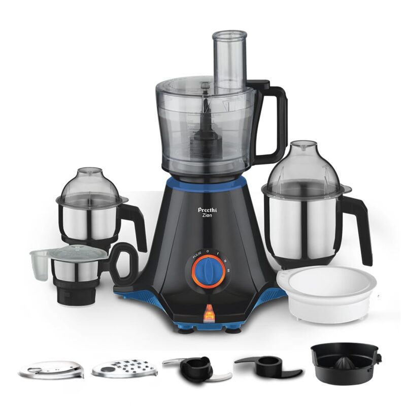 Preethi Zion Mixer Grinder for Kitchen - 4 Jars 750 Watt Mixie (3 Stainless steel Jars+1 Master Chef Plus Food processor Jar), Flexi lids, Vega W5 motor, Black (MG-227) Copy