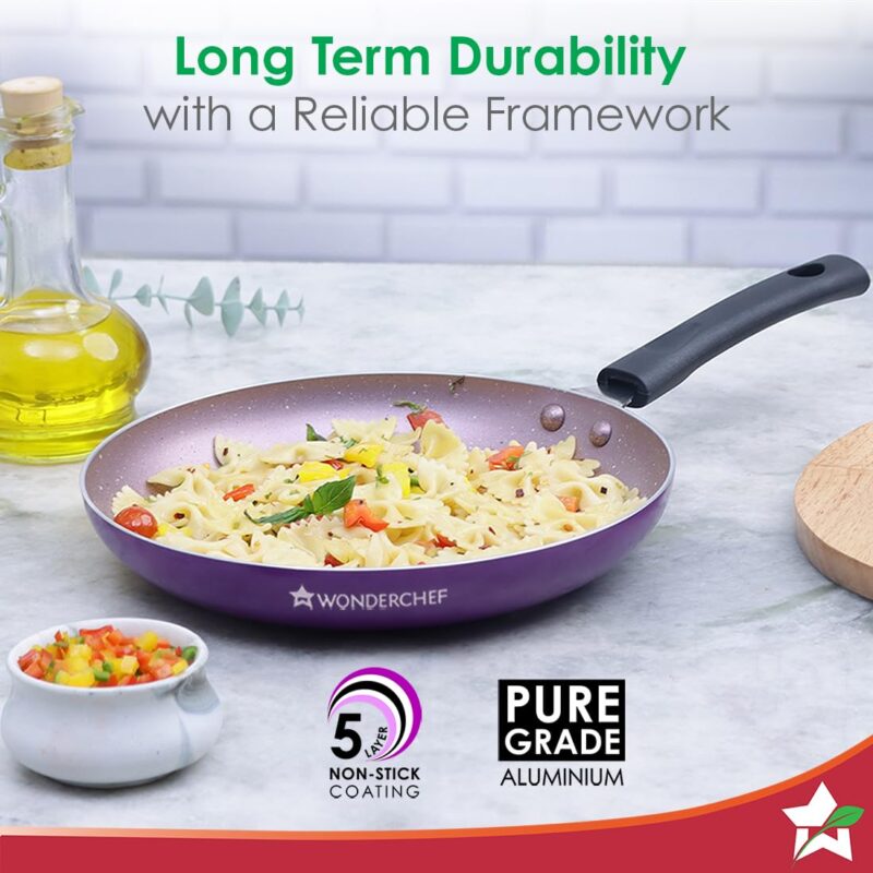 Wonderchef Valencia Non-Stick Fry Pan | Cool Touch Bakelite Handle | Pure Grade Aluminium| PFOA Free | 1.5 litres Capacity | Size 24 cm | 1 Year Warranty | Purple - Image 5