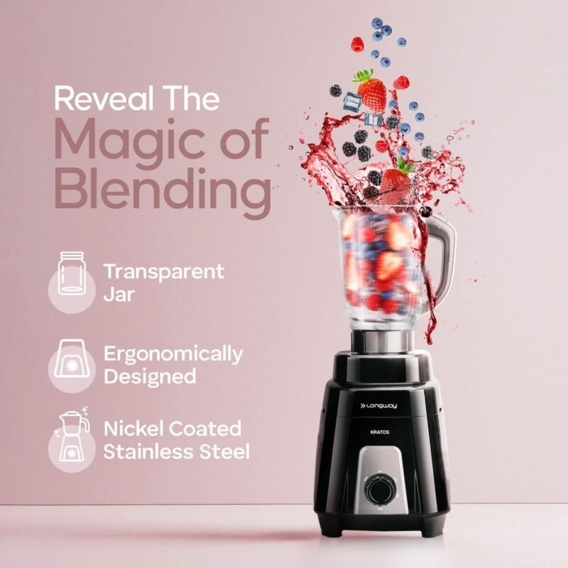 Longway Kratos 1000 Watt Juicer Mixer Grinder with Multipurpose Jars for Grinding, Mixing, Juicing with Stainless Steel Blades | 1 Year Warranty | (Black, 4 Jars) - Image 6