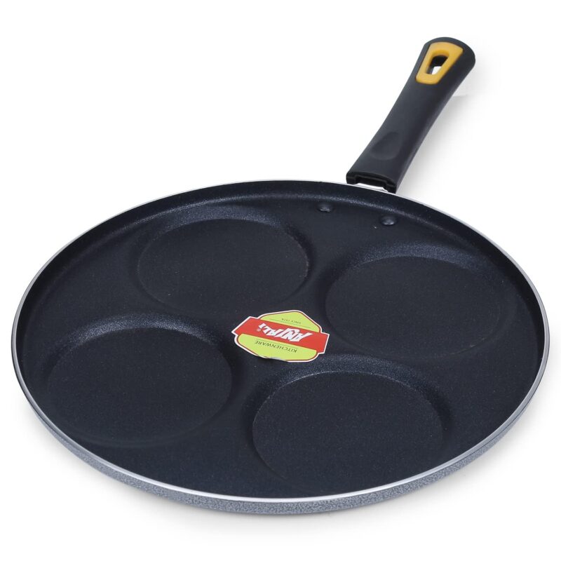 apsara kitchenware Diamond Aluminium Dura Big Non Stick Uttappa Tawa 4-Cavity with Handle for Mini Uttappa, Mini Pancake Maker, Mini Crepe Pan, Idli Pan Multi Snack Maker-Black