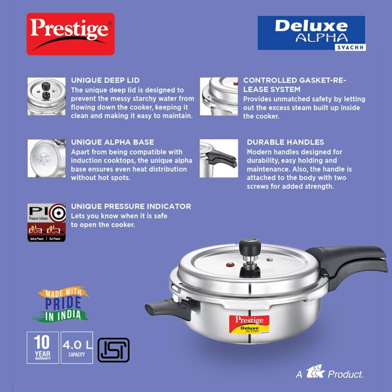 Prestige 4L Svachh Deluxe Alpha Senior Pressure Pan stainless steel|Outer lid|Ideal for 4-6 persons|Deep lid for spillage control|Gas & induction compatible|Silver|10 years warranty - Image 3