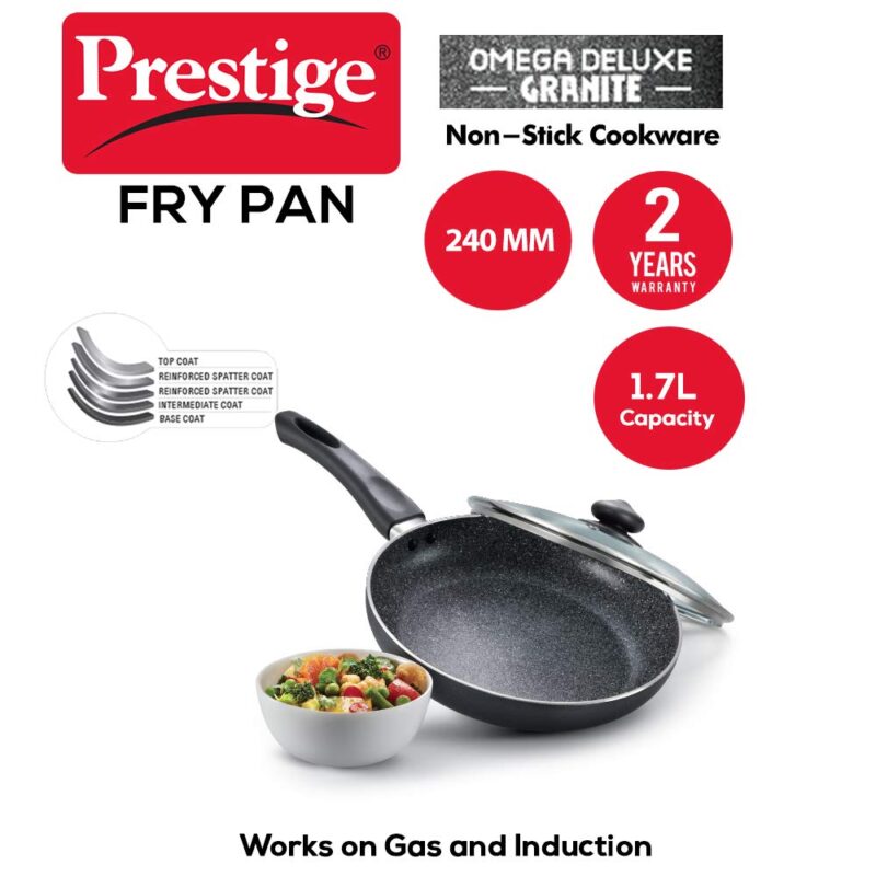 Prestige Omega Deluxe 24cm Granite Fry Pan with Glass lid|Gas & Induction Compatible | 5 Layers Non-Stick Cookware | Dishwasher Compatible - Image 7