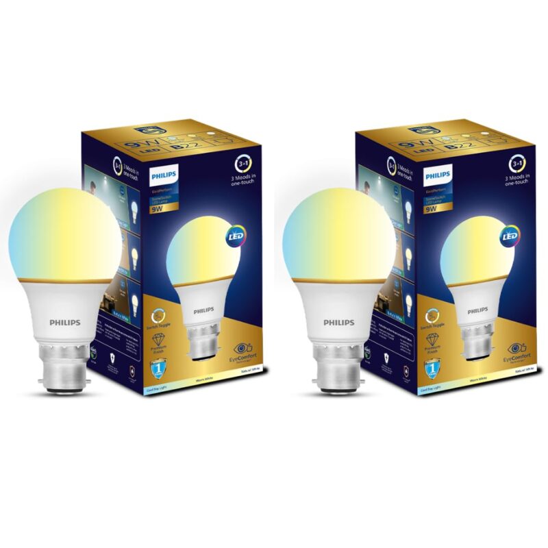 PHILIPS 9W B22 LED Bulb | 3 Colors in 1 LED Bulb | Scene Switch Bulb for Home & Decoration | Color: Tunable White | Pack of 2 | Gold Perform Series