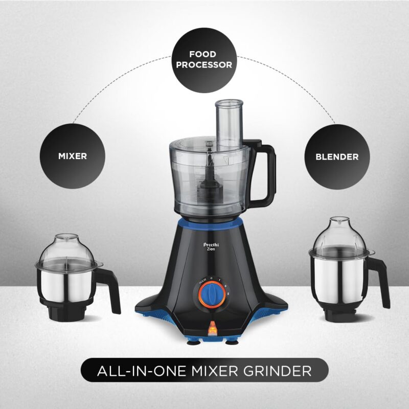 Preethi Zion Mixer Grinder for Kitchen - 4 Jars 750 Watt Mixie (3 Stainless steel Jars+1 Master Chef Plus Food processor Jar), Flexi lids, Vega W5 motor, Black (MG-227) Copy - Image 5