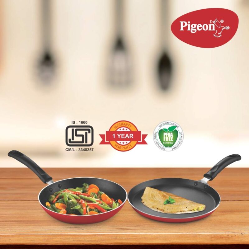 Pigeon Aluminium Nonstick Duo Pack Flat Tawa 250 and Fry Pan 200 Gift Set (Red) - Image 2