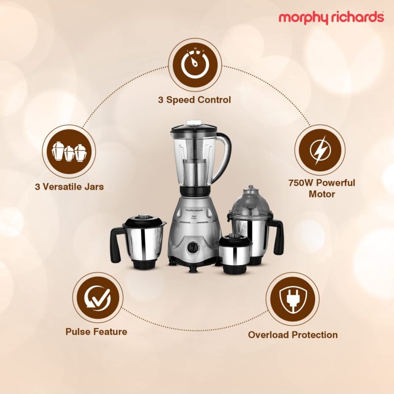 Morphy Richards Icon Superb 750 Watts Mixer Grinder| 4 Stainless Steel Mixer Jars including Juicer Jar| 3-Speed Control with Pulse Effect| 1-Yr Warranty by Brand| Silver & Black - Image 4