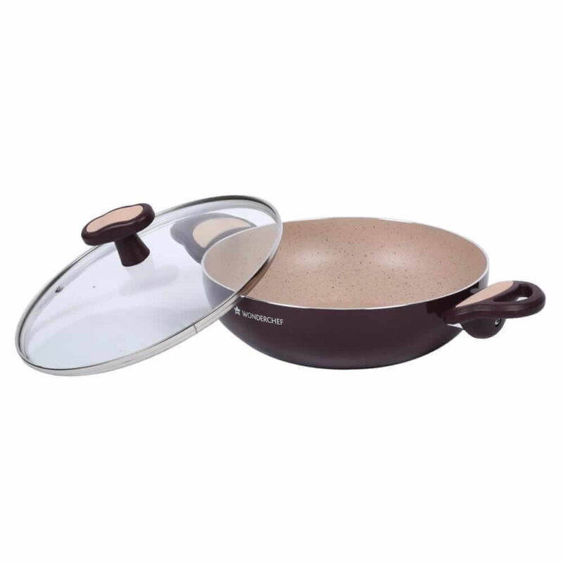 Burlington Nonstick Cookware Set, 5Pc (Wok with Lid, Sauce Pan With Lid, Fry Pan), Induction Bottom, Soft-touch Handles, Virgin Grade Aluminium, PFOA/Heavy Metals Free, 3mm, 2 Years Warranty, Maroon and Beige - Image 2