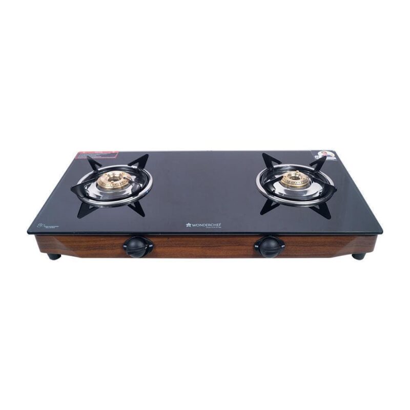 Eco Star 2 Burner Glass Cooktop, Black 8mm Toughened Glass with 1 Year Warranty, Ergonomic Knobs, Efficient Brass Burners, Stainless-steel Spill Tray, Manual Ignition