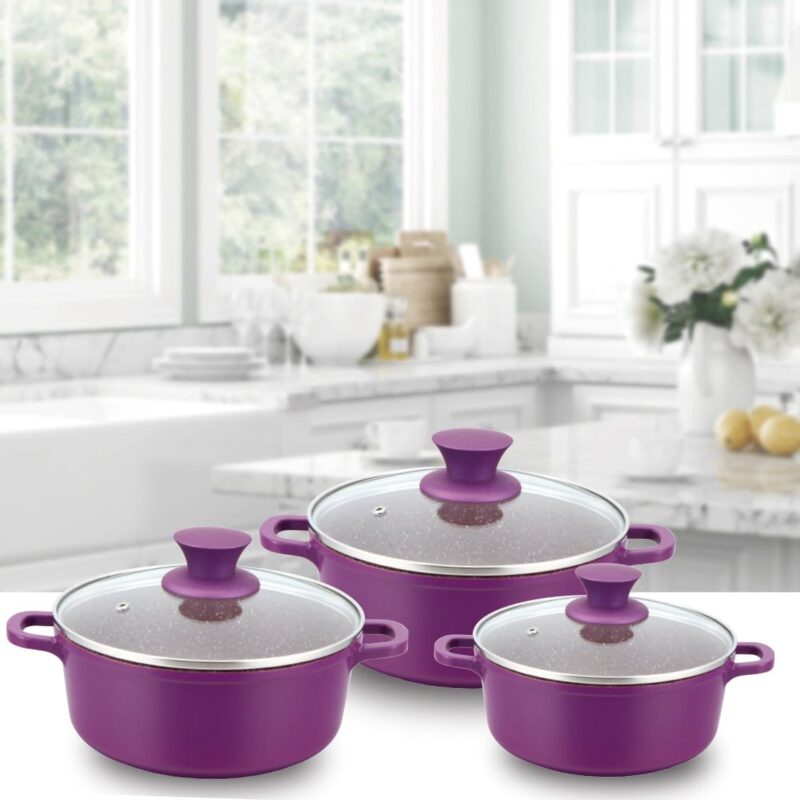Granite Die-Cast Non-stick 6-piece Casserole Set with Lids, Induction bottom, Soft-touch handles, Virgin grade aluminium, PFOA/Heavy metals free, 3.5mm, 2 years warranty, Purple - Image 2