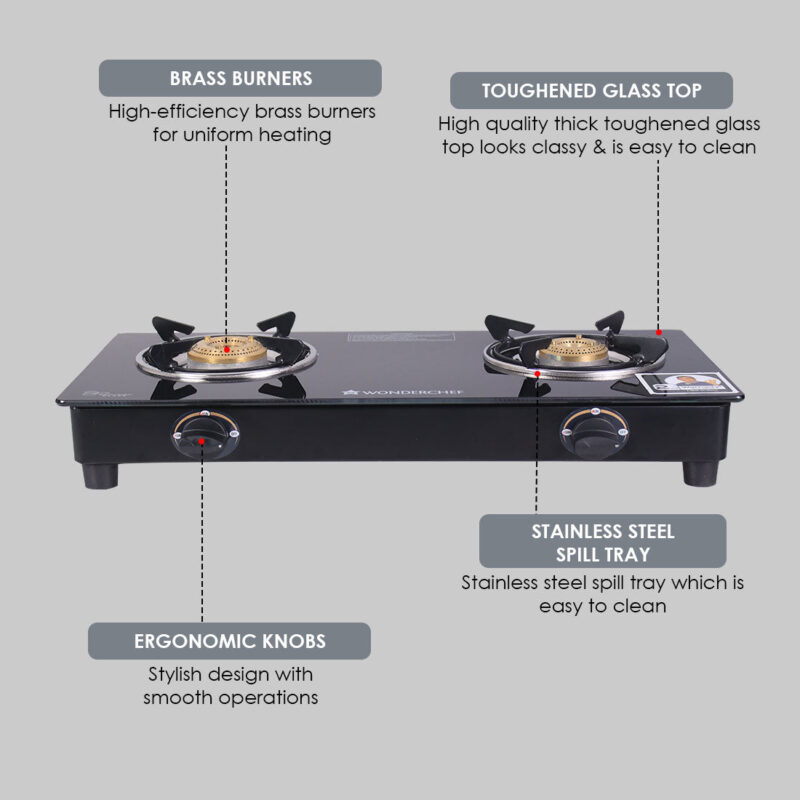 Ultima 2 Burner Manual Glass Cooktop | 6mm Toughened Glass Cooktop | Stainless Steel Drip Tray | Anti-Skid Legs | Large Pan support | Manual Ignition | 360 Degree Revolving Nozzle | Black Steel frame | 2 Year Warranty | Black - Image 5