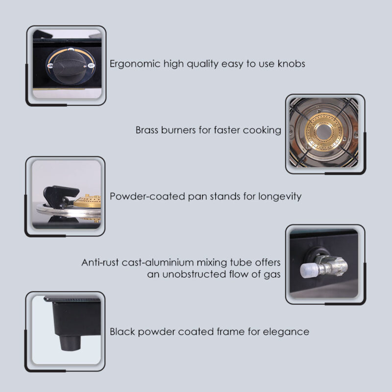 Ultima 2 Burner Manual Glass Cooktop | 6mm Toughened Glass Cooktop | Stainless Steel Drip Tray | Anti-Skid Legs | Large Pan support | Manual Ignition | 360 Degree Revolving Nozzle | Black Steel frame | 2 Year Warranty | Black - Image 4