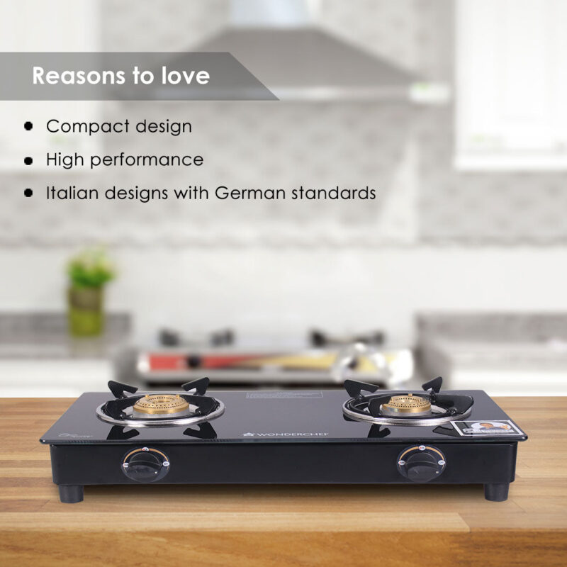 Ultima 2 Burner Manual Glass Cooktop | 6mm Toughened Glass Cooktop | Stainless Steel Drip Tray | Anti-Skid Legs | Large Pan support | Manual Ignition | 360 Degree Revolving Nozzle | Black Steel frame | 2 Year Warranty | Black - Image 3