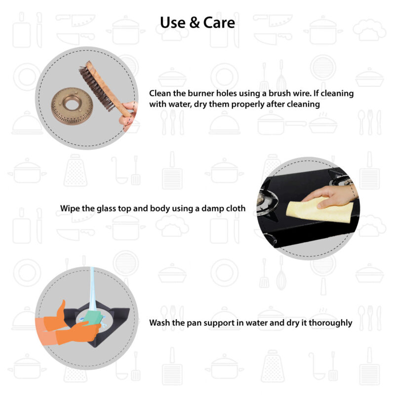 Ultima 2 Burner Manual Glass Cooktop | 6mm Toughened Glass Cooktop | Stainless Steel Drip Tray | Anti-Skid Legs | Large Pan support | Manual Ignition | 360 Degree Revolving Nozzle | Black Steel frame | 2 Year Warranty | Black - Image 2