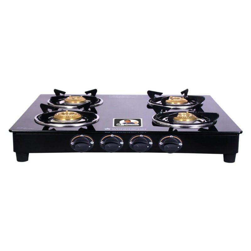 Ultima 4 Burner Manual Glass Cooktop | 6mm Toughened Glass Cooktop | Stainless Steel Drip tray | Anti-Skid Legs | Large Pan support | Manual Ignition | 360 degree Revolving Nozzle | Black steel frame | 2 Year Warranty | Black - Image 10
