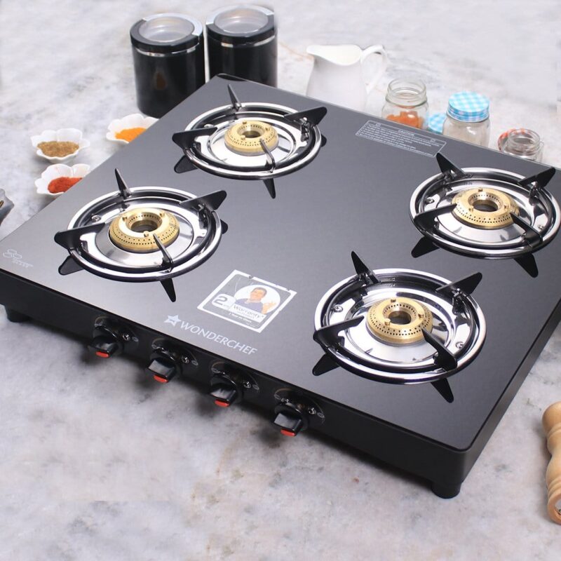 Ruby 4 Burner Glass Cooktop, Black Toughened Glass with 1 Year Warranty, Ergonomic Knobs, Heat-Efficient Brass Burners, Stainless-steel Spill Tray, Manual Ignition - Image 19
