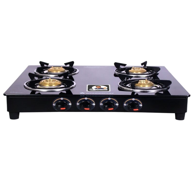 Ruby 4 Burner Glass Cooktop, Black Toughened Glass with 1 Year Warranty, Ergonomic Knobs, Heat-Efficient Brass Burners, Stainless-steel Spill Tray, Manual Ignition - Image 3