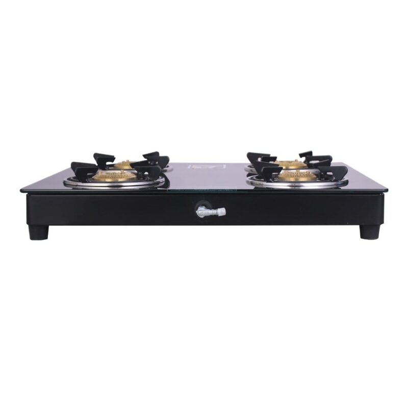 Ruby 4 Burner Glass Cooktop, Black Toughened Glass with 1 Year Warranty, Ergonomic Knobs, Heat-Efficient Brass Burners, Stainless-steel Spill Tray, Manual Ignition - Image 2