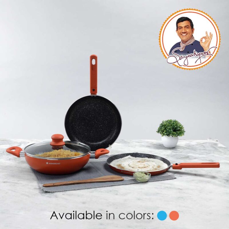 Power Non-Stick Cookware 4 pc Set | Kadhai with Glass Lid 2.6L, Dosa Tawa 25cm, Fry Pan 24cm | Induction Bottom | Soft Touch Handles | Pure Grade Aluminium | PFOA Free | 2 Year Warranty | Orange - Image 5