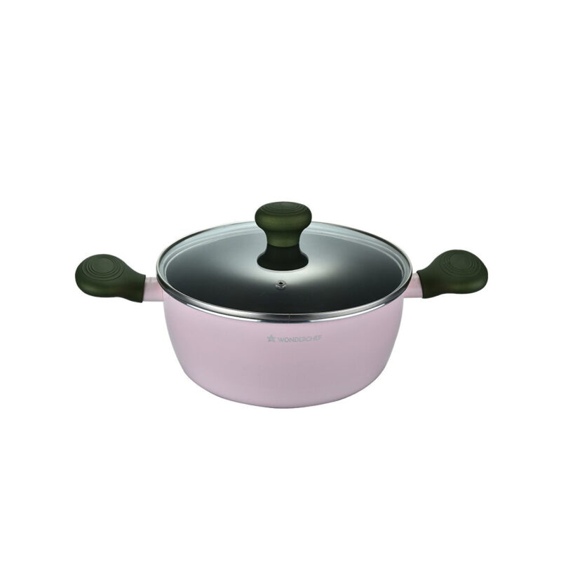 Olivia Spring Season Non-Stick Cookware Set of 3 | Kadhai with Glass Lid 24cm, Casserole with Lid 24cm & Fry Pan 24cm | Induction Bottom | Soft Touch Handles | Pure Grade Aluminium | PFOA Free | 2 Year Warranty | Pink - Image 2